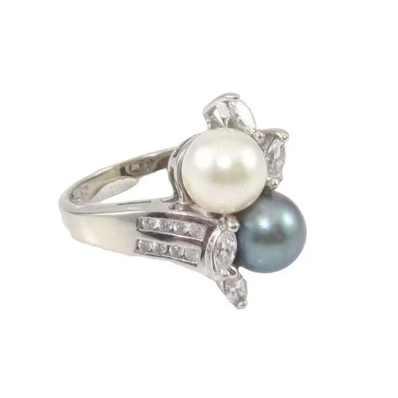 Solid 14K White Gold Pearl Clear CZ Ring Size 5.25